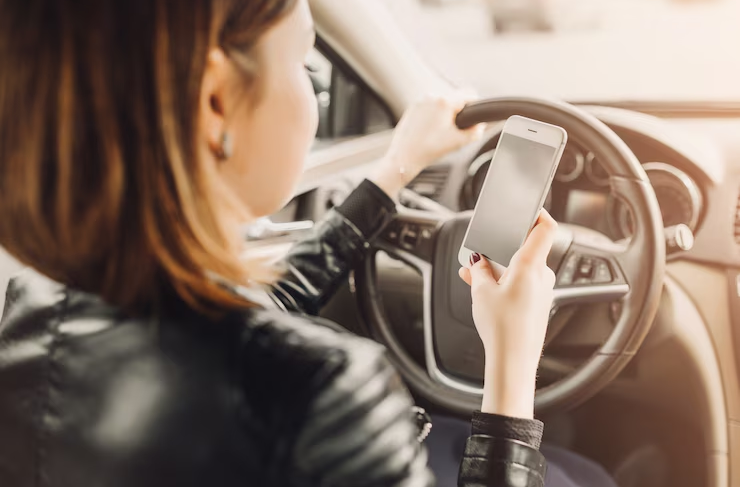 A woman texting while driving