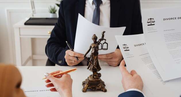 An image focused on a lady of justice statue placed in the middle of a table with three people having a meeting, holding divorce papers.