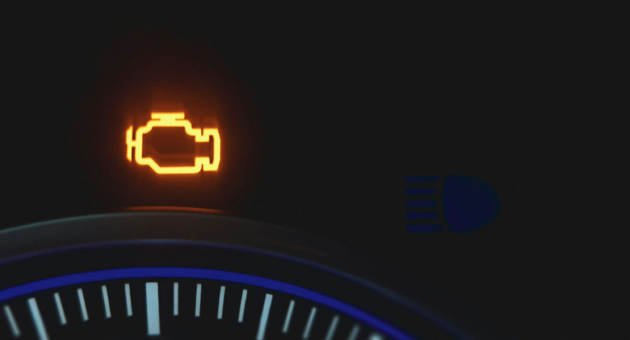 A close-up of a check engine sign glowing orange