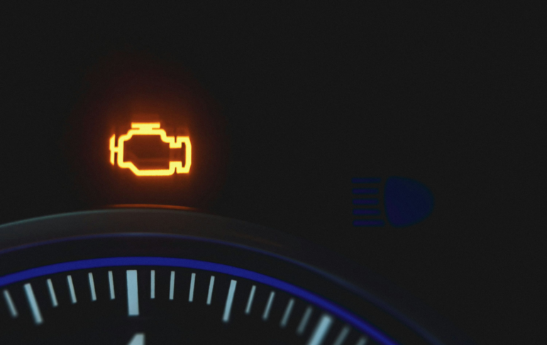 A close-up of a check engine sign glowing orange